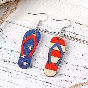 Red white and blue flip-flop earrings. Lt wt wood.  1.5 by .5”. NIP. Gifts/Self